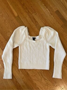 Square-Neck Puff-Sleeve Knit Sweater in Cream